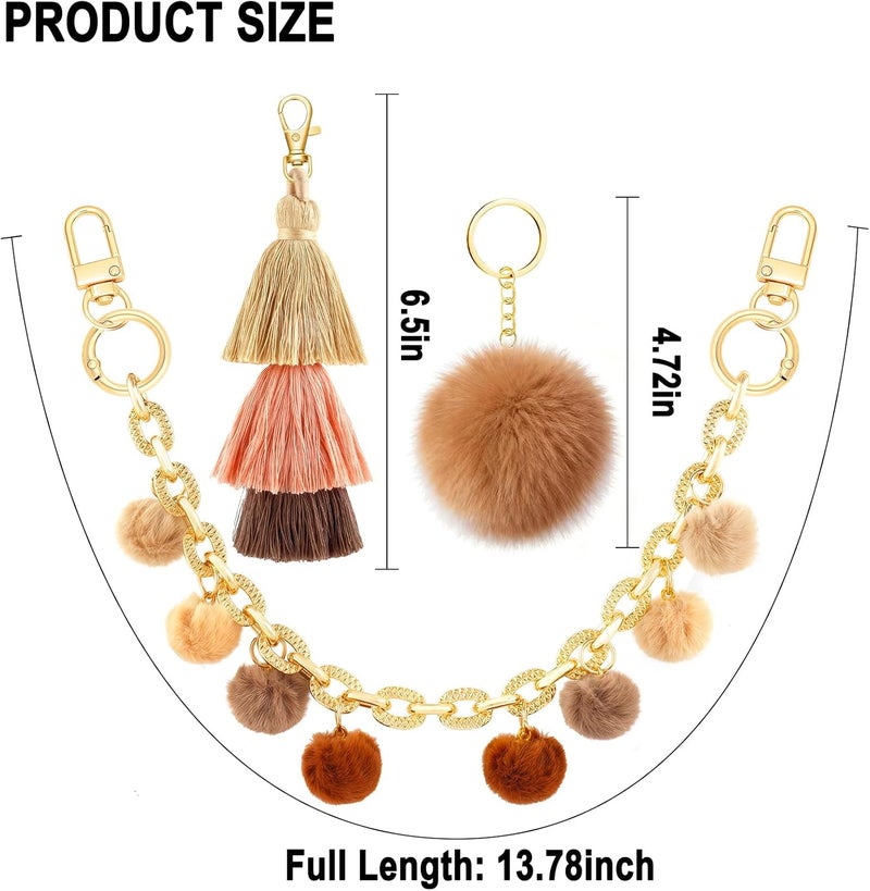 TUCEWP Boho Purse Chain Strap 13.7 Inch Chunky Metal Bag Handle Shoulder Strap Replacement with Pom Pom Pendant Fringe Keychain Charms Vintage Handbag Decoration Chain Bag Accessories Charms for Women - Image 2